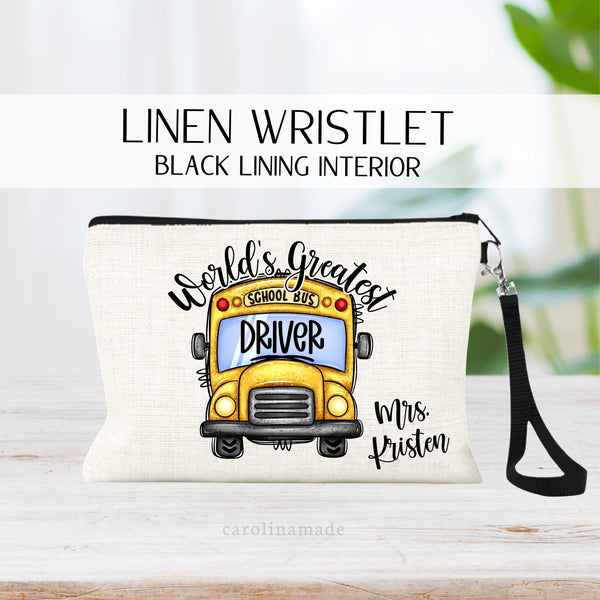 Worlds Greatest Bus Driver linen zipper pouch. Perfect personalized gift for your childs bus driver.