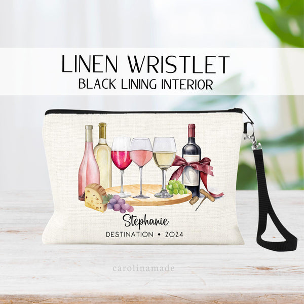 This linen zipper pouch wristlet & strap bag makes the perfect accessory for your next wine tasting trip! It features 3 wine glass, 3 wine bottles, cheese, grapes, cork & screw. Your personalized text at the bottom and the current year.