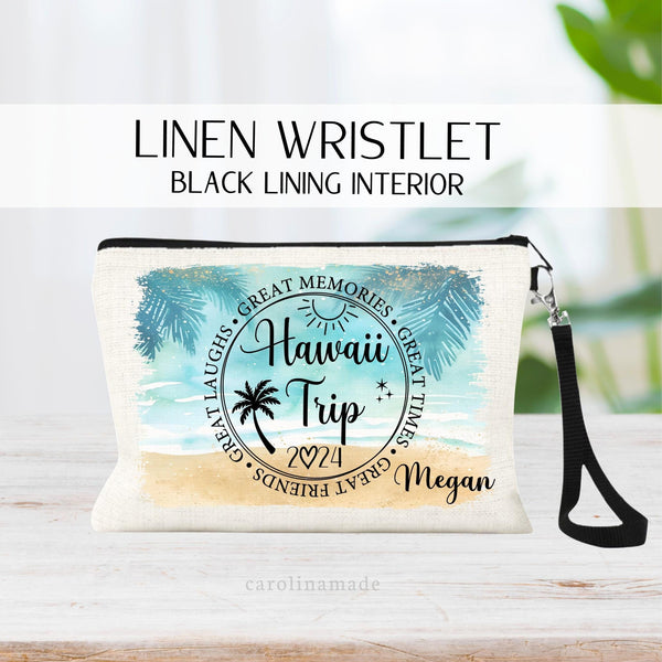 This linen zipper pouch features a circle that says: Hawaii Trip, with sun and palm tree. The year is noted at the bottom. Personalize with your name. Different Ocean Scene backgrounds available.