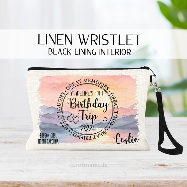 This linen zipper pouch features a circle that says: Birthday Trip, and is personalized at the top with a name. Example: Madelines 30th. The year is noted at the bottom. Personalize with your name and destination. Background is customizable