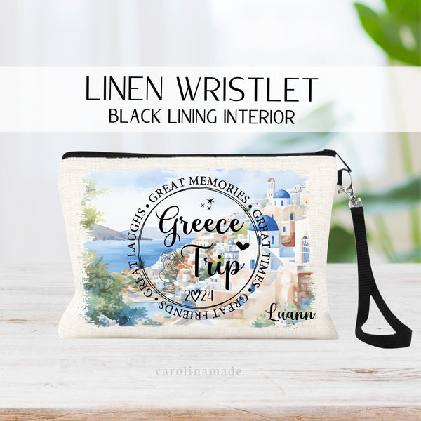 This amazing linen bag can be used as makeup bag, wristlet purse & more! It features a beautiful Greek landscape with the center design being a circle that says Greece Trip. Personalized with the year and your name.