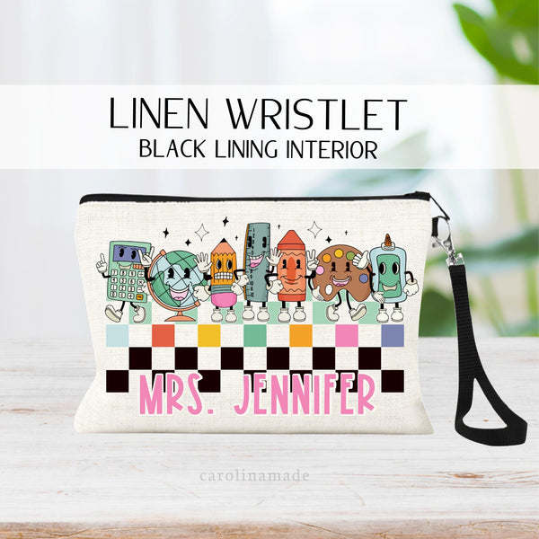 This retro teacher designed zipper pouch features checkered pattern at the bottom and is personalized with their name. The top shows retro characters - calculator, globe, pencil, ruler, crayon, paint and glue. Perfect gift for teacher or art class