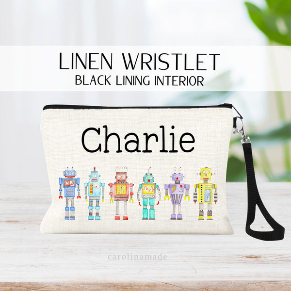 Watercolor Robots Line the bottom of this zipper pouch with your personalized name at the top!