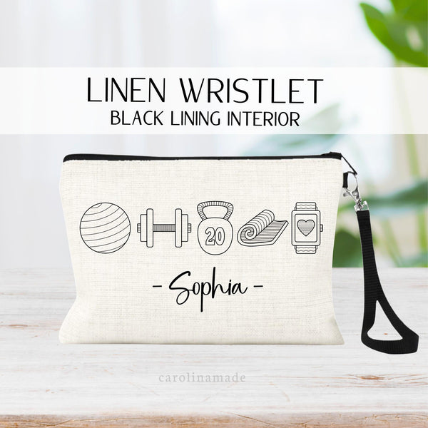 This linen zipper pouch gym bag features minimalist line art of exercise ball, barbell, kettle bell, yoga mat, and heart rate watch. The bottom is personalized with your name!
