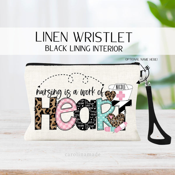 Nursing is a work of heart with colorful design of leopard print, pink checkers, mint pokadot font. The zipper pouch is personalized on the nurse hat.