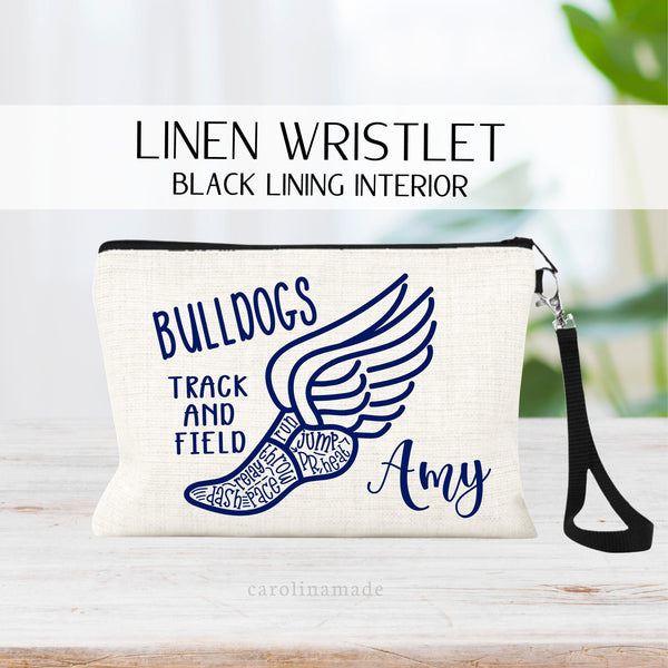Large track and field logo with mascot or school name personalized at the top. Add your name to the bottom right corner and customize design with your school colors.