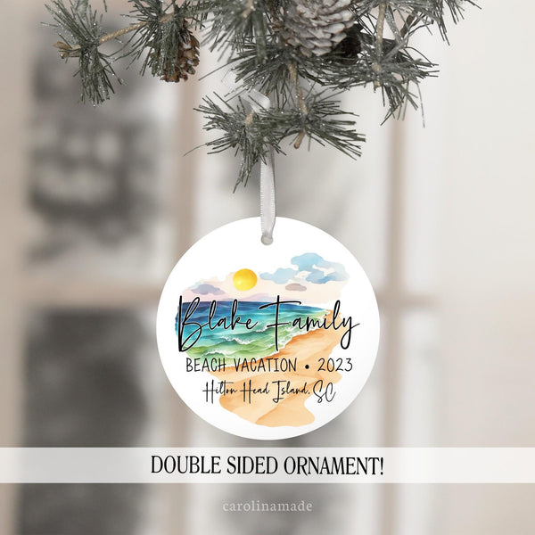 Family Beach Vacation Ornament Personalized with Family Name and year.