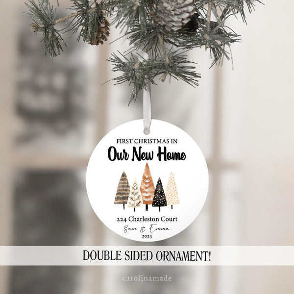 First Christmas in Our New Home, Personalized with street address, couples names and the year. Features brown hand drawn boho style trees in the center.