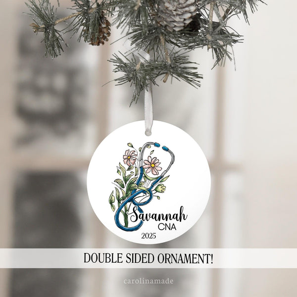 This beautiful ornament keepsake features a blue floral stethoscope and is personalized with a name, the year, and credentials at the bottom.