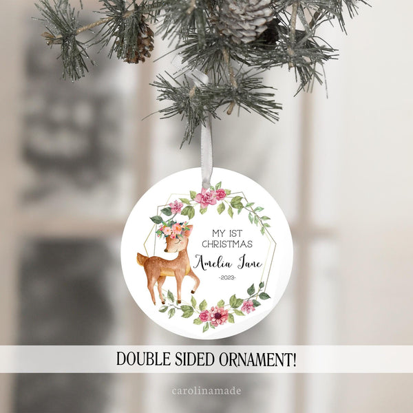 My 1st Christmas. Floral Deer Woodland Theme. Personalized with Name and year.