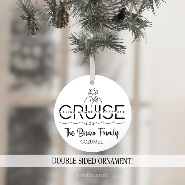 This white & black minimalist style ornament says Cruise Making Memories Together 2024. The bottom is personalized with your name and destination.