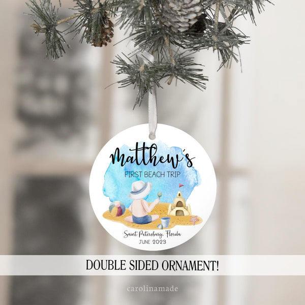 baby boys first beach trip vacation ornament. Personalize with name, beach destination and month/year.