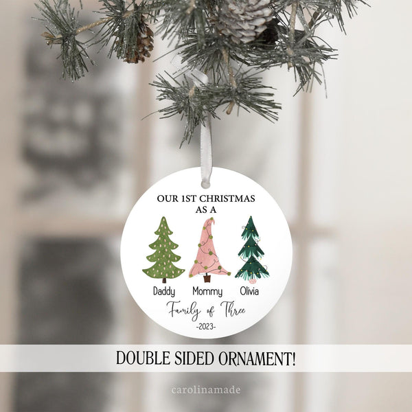 Our 1st Christmas as a family of three. Personalized Names under cute christmas trees. With the year at the bottom