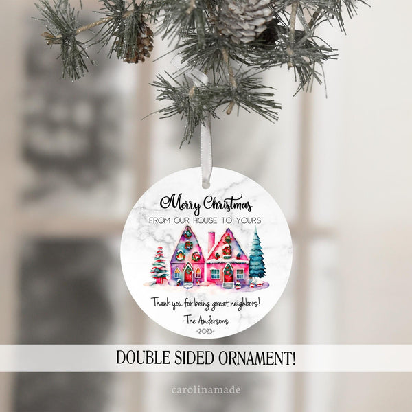 Merry Christmas from our house to yours. Thank you for being great neighbors - Personalized Christmas Ornament. Watercolor Christmas House Design