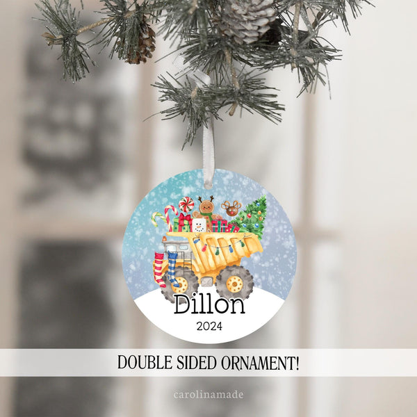 Personalized kids dump truck ornament filled with Christmas presents, gingerbread man, tree, stockings candy canes and more! Add your childs name at the bottom with the year.