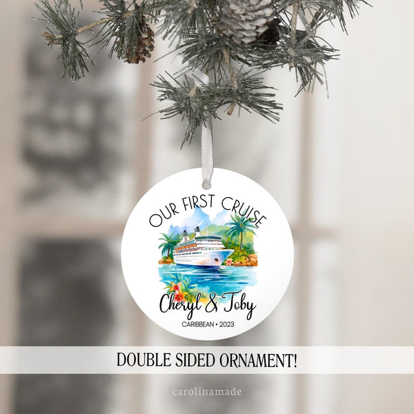 Our first Cruise personalized ornament with watercolor water and ship design. Your name, the year and destination is at the bottom.