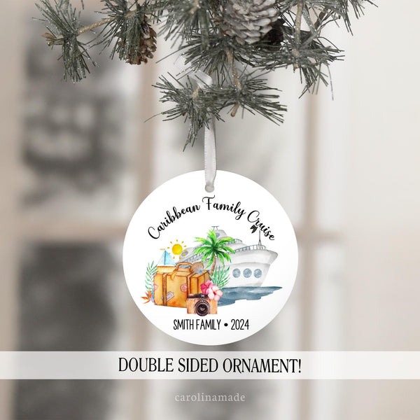 This ornament shows a watercolor design with a cruise ship, water, suitcase, camera, palm tree & sun. At the top it says your destination and the bottom is personalized with name and year.