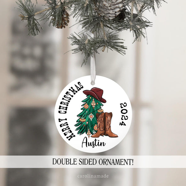 Merry Christmas Western Cowboy Country Personalized Ornament. Featuring Tree, Cowboy Hat & Cowboy Boots