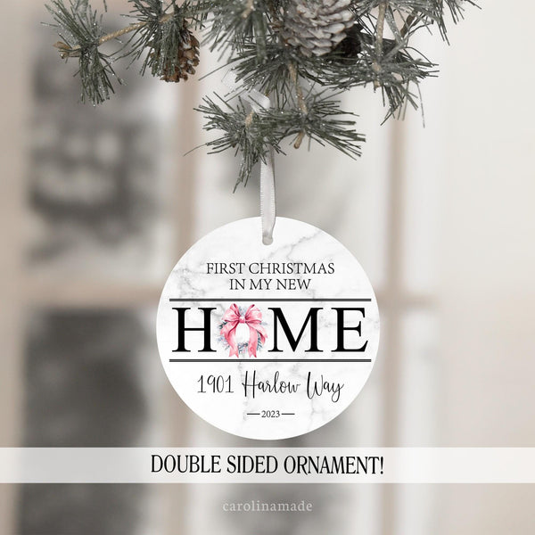 First Christmas in My New Home personalized Christmas Ornament for new homeowner. Customized with address and year