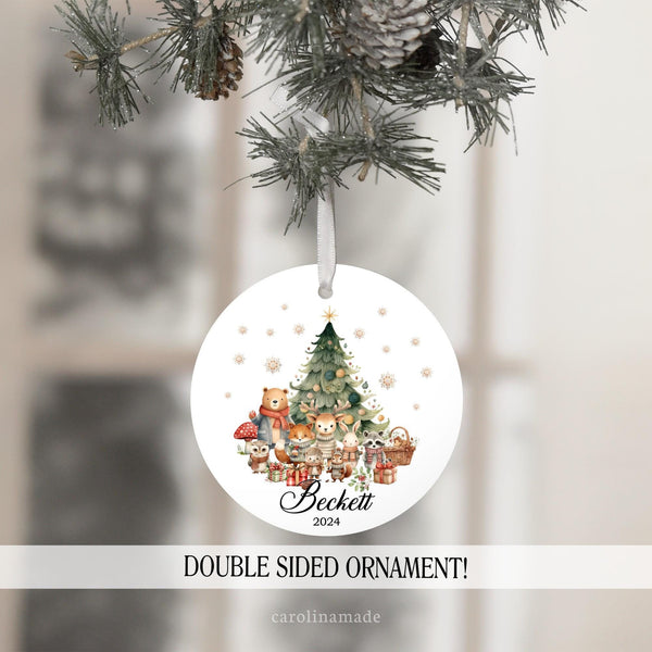Woodlands Theme Animal Christmas Ornament personalized with name and year.