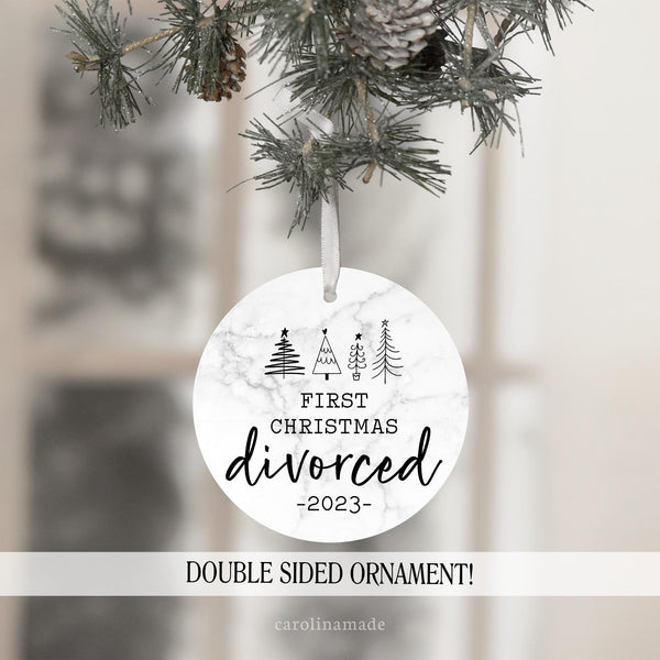 first christmas divorced personalized christmas ornament with marble background