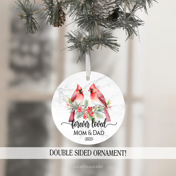 Mom and Dad parent loss christmas ornament. Forever loved featuring two red cardinals
