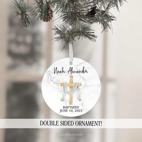 Personalized Baptism Ornament with cross and cloth hanging with name and baptized date. Printed marble background