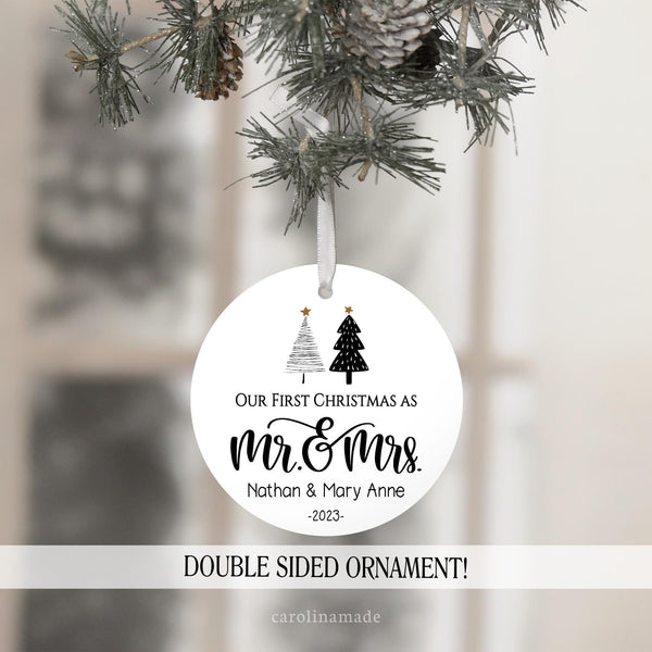 Our first Christmas as Mr and Mrs personalized with names and date. two boho minimalistic christmastrees