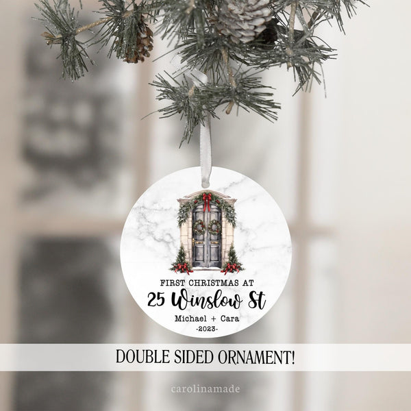 First Christmas at with a front door design. Personalized with your address, names and date.