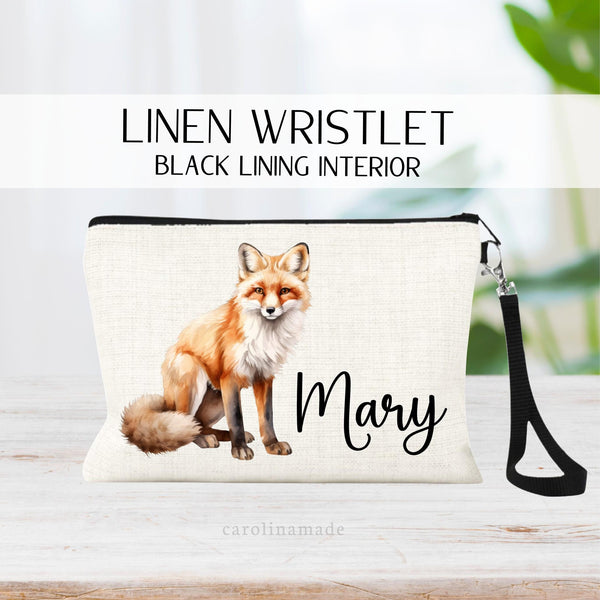 This linen zipper pouch features a watercolor fox and is personalized with your name next to it. Perfect for travel, makeup, pens and more!