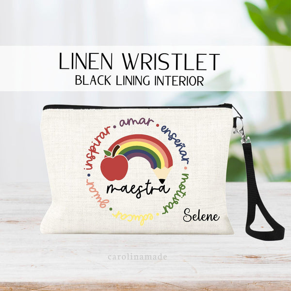 This linen zipper pouch makes the perfect maestra gift! It features a pencil in the middle  with descriptive words for teachers in spanish - kind, loyal, warm, dedicated, etc. Personalize the corner with your maestras name!