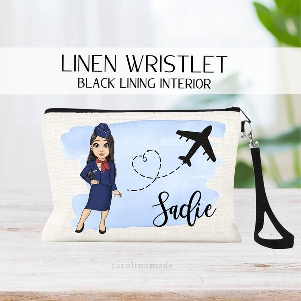This linen zipper pouch features a custom airline stewardess with your choice skin, eye and hair color. It is personalized with your name in the right corner of the bag. Perfect gift for any flight attendant!