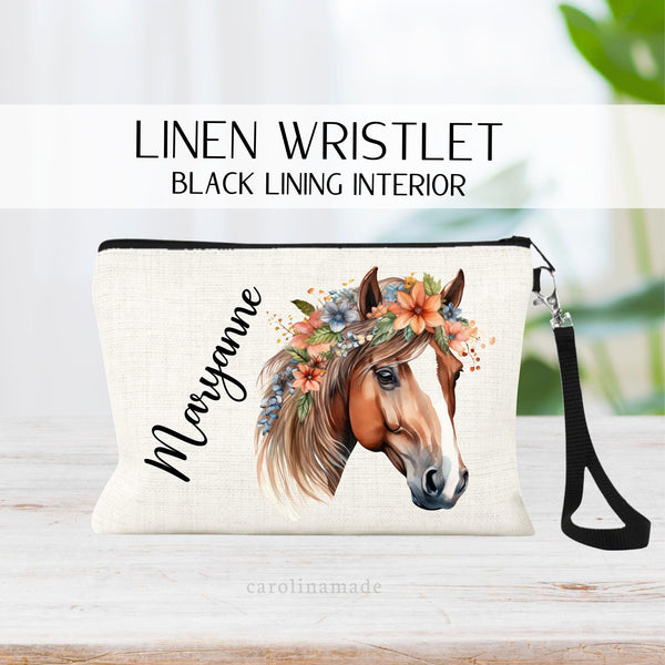 Horse Makeup Bag, Personalized Floral Horse Makeup Bag, Gift For Her, Horse Lover Gift, Horse Zipper Pouch, Boho Flowers