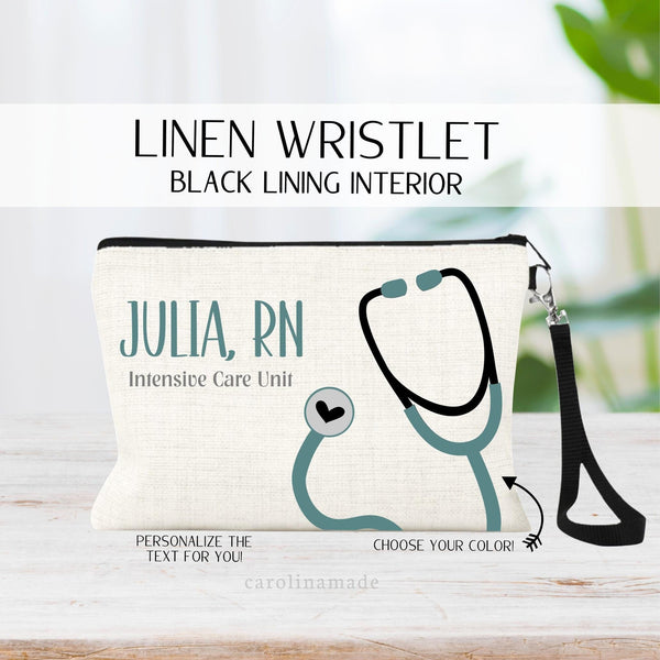 This linen zipper pouch features a large stethoscope in your choice of color and is personalized next to it with your name, your credentials and the unit you work in.