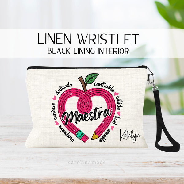 This linen zipper pouch makes the perfect maestra gift! It features a pink pencil in the shape of a heart apple with descriptive words for teachers in spanish - kind, loyal, warm, dedicated, etc. Personalize the corner with your maestras name!