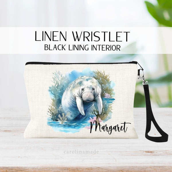 This linen zipper pouch features a watercolor manatee with water and coral and is personalized with your name next to it. Perfect for travel, makeup, pens and more!