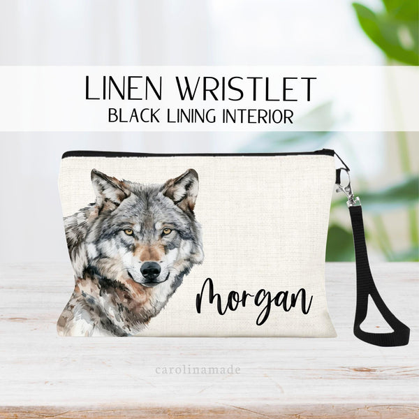 This linen zipper pouch features a watercolor wolf and is personalized with your name next to it. Perfect for travel, makeup, pens and more!