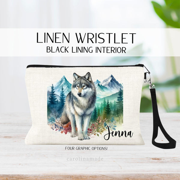 This linen zipper pouch features a watercolor mountain and grey golf design and is personalized with your name next to it. Perfect for travel, makeup, pens and more!
