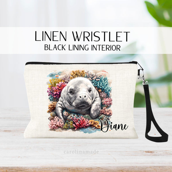 This linen zipper pouch features your choice of 4 manatee designs with underwater theme and colorful coral.