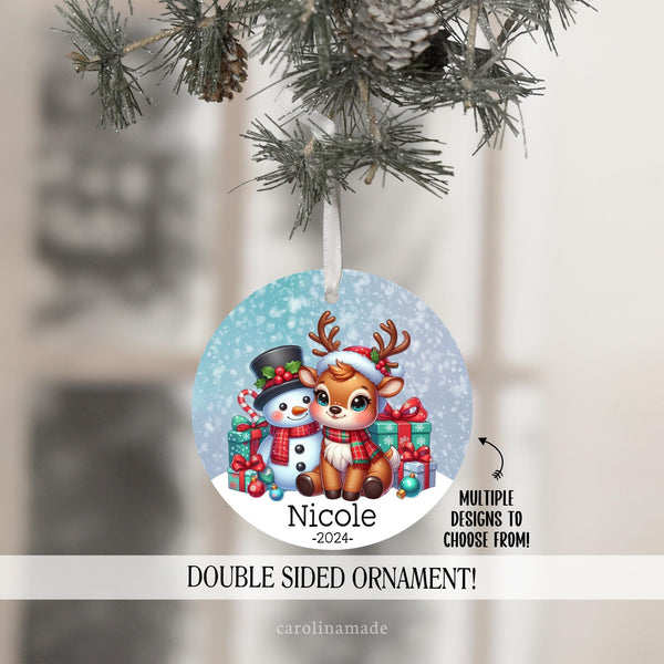 Fun Christmas ornament for children features beautiful reindeer designs to choose from. Personalize it with your name and the year. Perfect designs for the whole family!