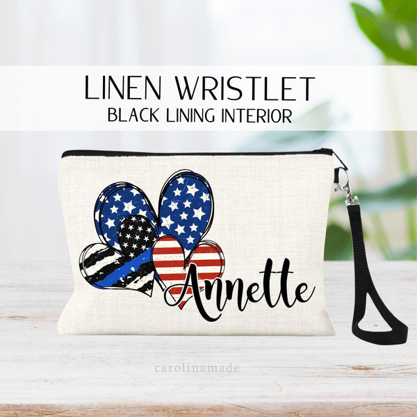 Patriotic Heart design with thin blue line heart. Personalized wristlet bag for supporting the police.