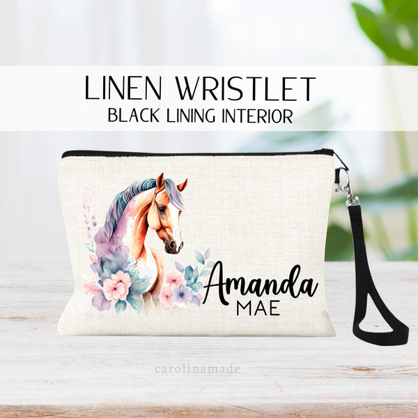 Colorful floral horse make up bag. Personalize name zipper pouch. Perfect gift for Horse Lover!