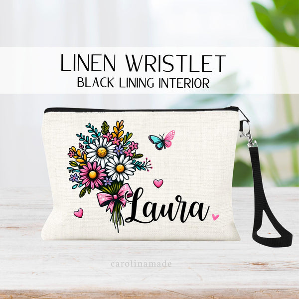 Flower Bouquet personalized name wristlet linen zipper pouch bag. Perfect Gift for someone special