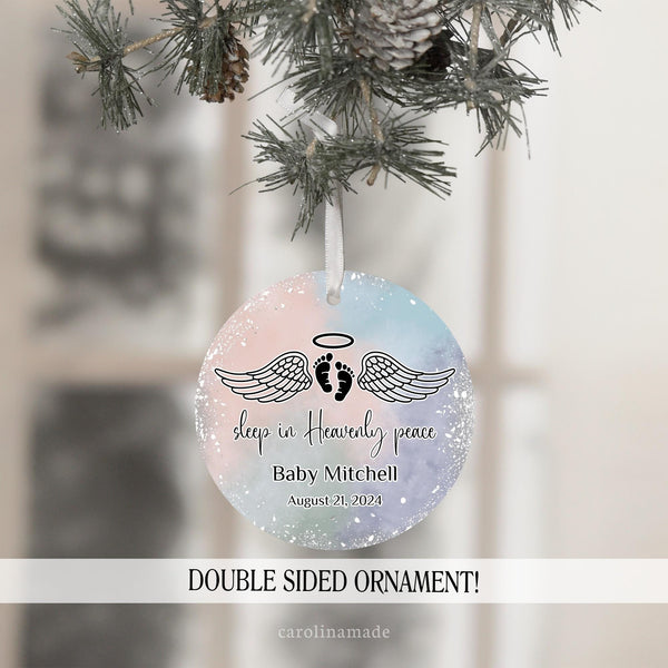 This Ornament says Sleep in Heavenly Peace and is personalized with baby's name and their birth date. This ornament is gender neutral and is a great keepsake for miscarriage or loss.