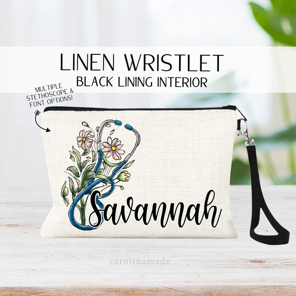 Floral stethoscope personalized wristlet for nurse. Three stethoscope and flower options to choose from.
