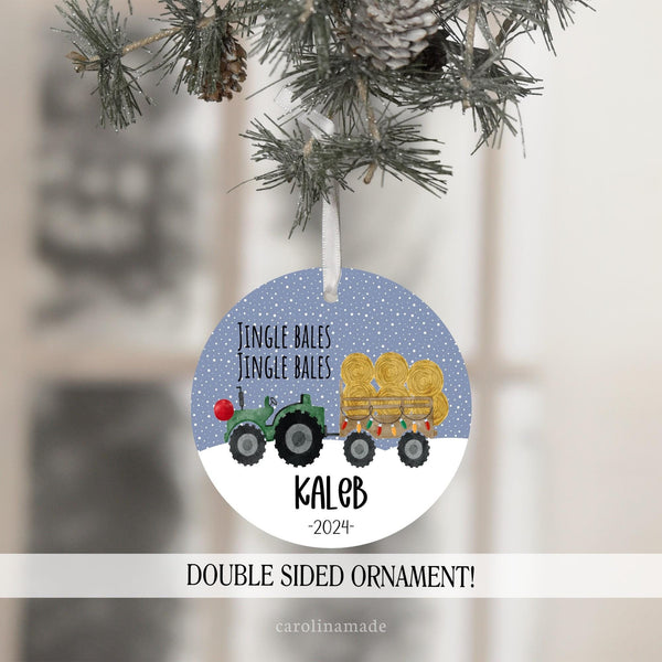Boys Jingle Bales tractor farmer ornament. Personalized with your name and date.