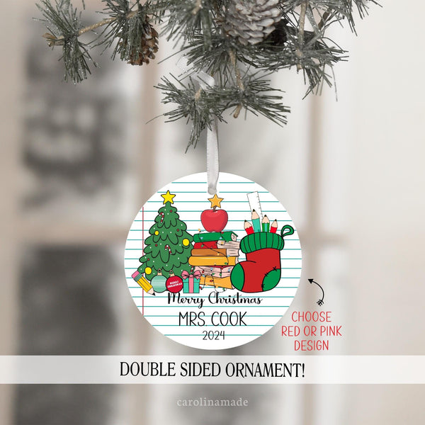 Personalized teacher ornament with tree, stocking and books stacked. Customize with their name and the date.