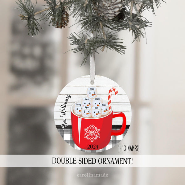 Show off the little ones in your family with this personalized marshmallow hot cocoa Snowman ornament.One ornament marshmallow for each person. Perfect gift for mom or grandma.