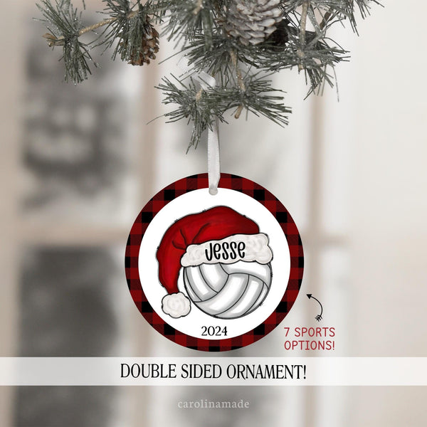 Christmas Santa Sports Ornament featuring your players name and the year. Multiple sports to choose from. Baseball, Volleyball, Soccer, Softball, Basketball, Golf and Softball. Personalize yours for teams christmas gift