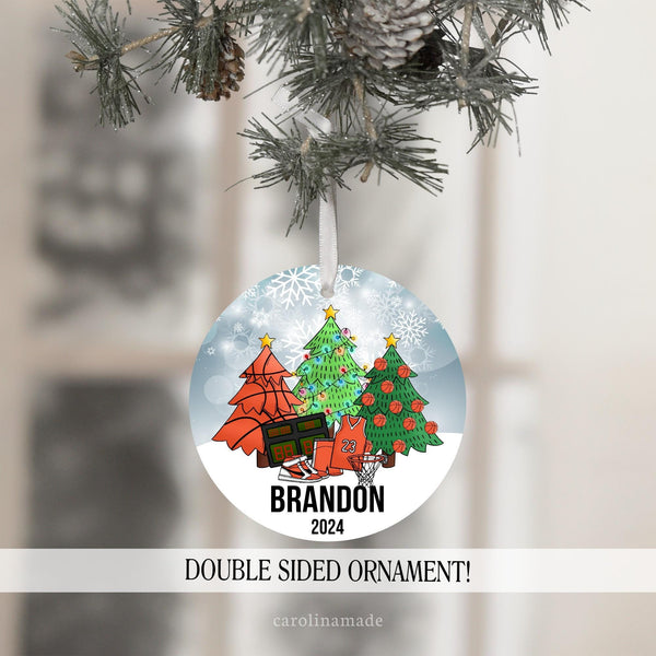 Personalized Basketball Ornament featuring players name and the year. Cute christmas trees decorated with basketballs, hoop, scoreboard, shoes, etc.